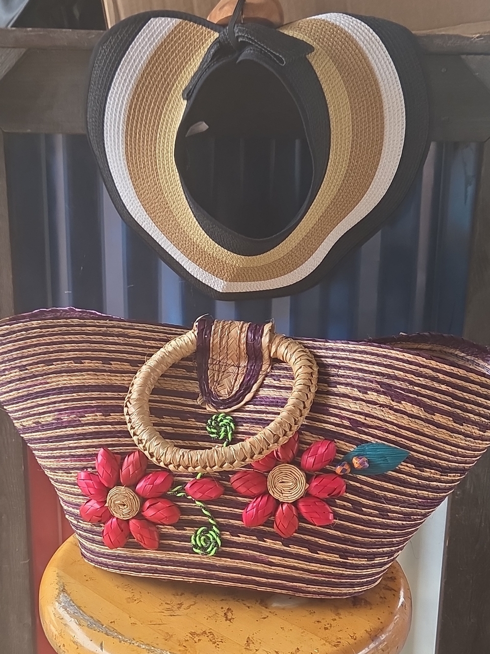 Handwoven Purple & Tan Floral Straw Tote Bag